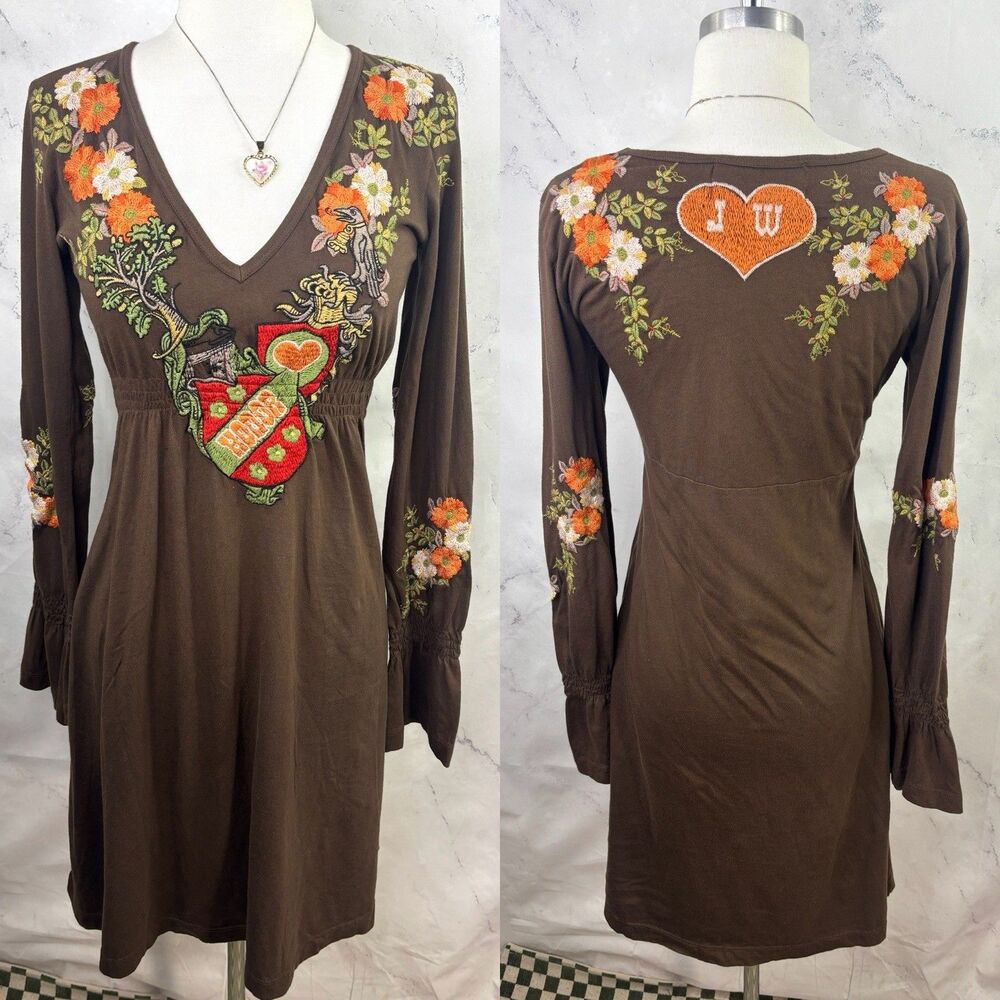 Johnny Was Brown Floral Embroidered Mini Dress with Orange Accents - Picture 1 of 16